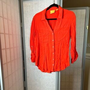 Anthropologie Maeve bright orange collared button down blouse